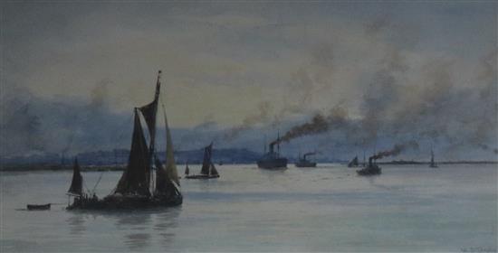 William Stephen Tomkin (1861-1940) watercolour, The Thames Estuary, signed, 19 x 36cm